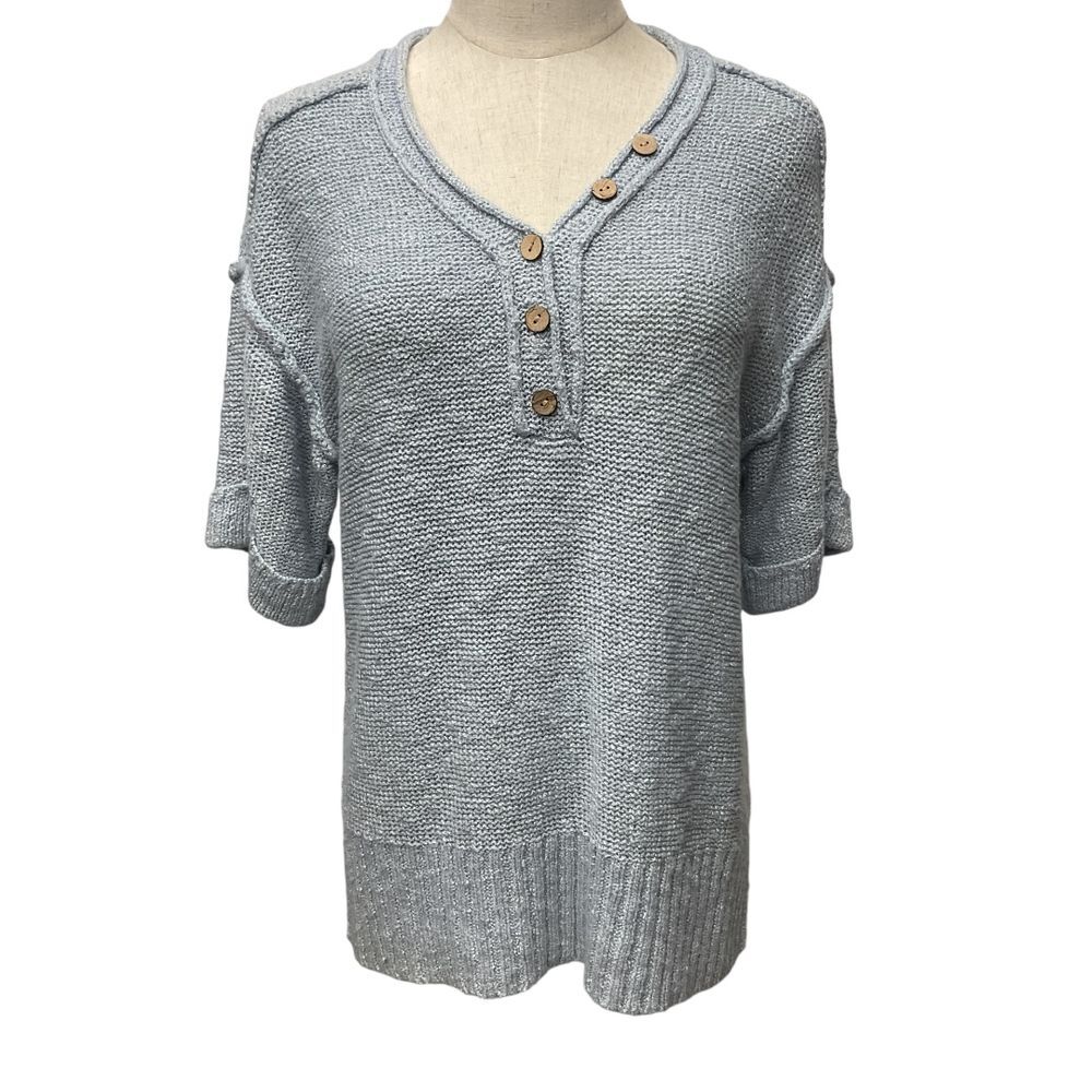 BKE Cozy Baby Blue Knit Henley Sweater with Wooden Buttons Roll-Up Sleeves Seams